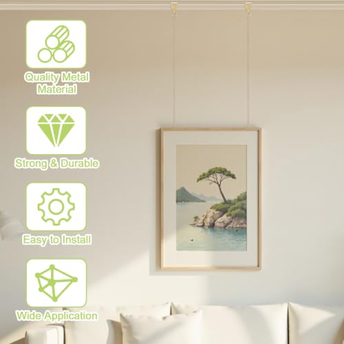 Image of Picture Hanging Kit, 9Pcs Brass Plated Hooks & 3Pcs 2M Iron Chains Picture Display System Accessories for Wall Pictures, Exhibition(Gold)