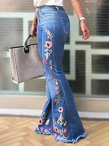 Womens Floral Embroidered Flared Jeans Bell Bottom Jeans Stretchy Denim Pants Casual Trousers Frayed Hem Trousers3