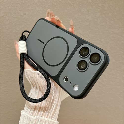 Étui iPhone 16 gris en silicone magnétique avec cordon pour protection arrière