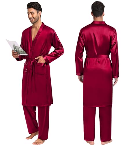 Image of SWOMOG Mens 3 PCS Satin Robe with Pants & Shorts Set Kimono Bathrobe Long Sleeve Sleepwear Pjs Sets with Pockets