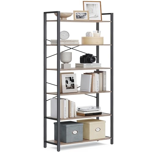 VASAGLE 6-Tier Bookshelf, Bookcase with Steel Frame, Book Shelf for Living Room, Home Office, Study, 11.8 x 31.5 x 73.2 Inches, Industrial Style, Heather Greige and Ink Black ULLS082B02 Heat