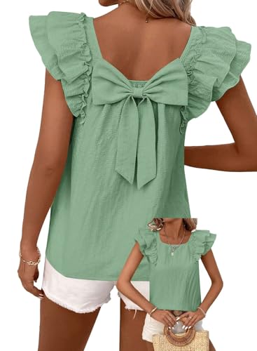 Image of Falechay Womens Bow Tie Back Tops Round Neck Ruffle Short Sleeve Shirts Cute Babydoll Chiffon Tee Women Summer Trendy Tunic