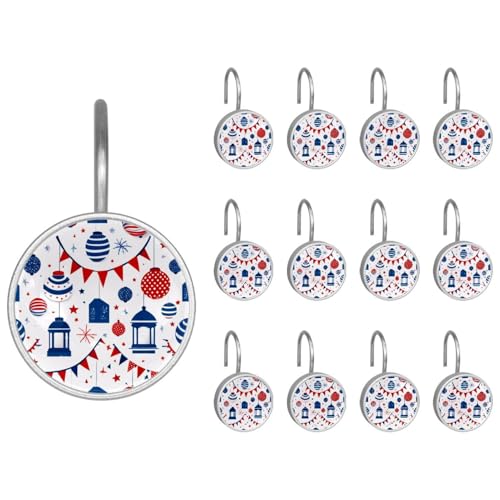12pcs Glass Shower Curtain Hooks, Rust Resistant Decorative Shower Rings for Bathroom Living Room,Stainless Steel Hooks for Shower Curtain and Liner Rods (4th of July Celebrate)