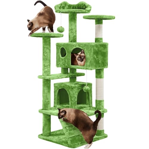 Yaheetech Albero Tiragraffi per Gatti 139 cm con 3 Pali Graffiatoi 3 Posatoi 2 Grotta 2 Pompon in Peluche a Più Livelli Giocattolo Gioco Verde