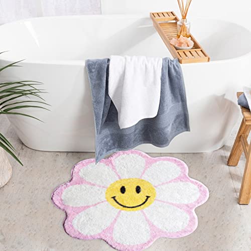 Pink Flower Bath Mat Smiley Face Daisy Light Pink Blush Peach Coral Cute Bathroom Rugs For Girls Funny Shower Fun Bathroom Decor Non-Slip Washable Kids Women Novelty #TOP5