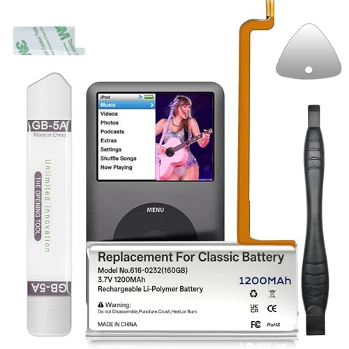 Batería de repuesto 616 0232, 1200 mAh, gran capacidad, compatible con iPod 5th 7th Generation Video Classic A1136 A1238 6th 80GB 6.5th 120GB 7th 160GB 5th 30GB con kit de herramientas de reparación