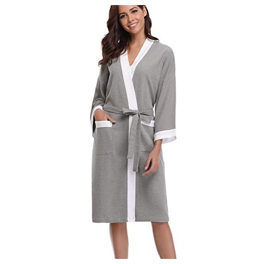 Abollria Unisex Albornoz Primavera Verano Batas y Kimonos Batas Invierno con Cinturón (M=EU(42-44), Gris/Blanco)