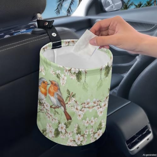 Image of Birds Flower Car Trash Can Foldable Hanging Portable Dustbin Bin for Back Seat, Front Console, Floor, or Hanging Headrest Waste Basket