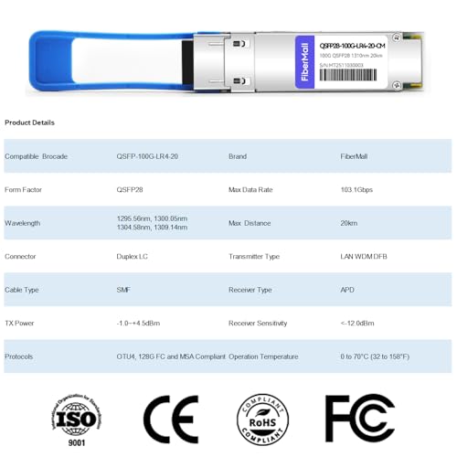 Image of 100G QSFP28 LR4 Optical Transceiver Module Compatible with Brocade QSFP-100G-LR4-20,100GBASE-LR4 QSFP28 1310nm LWDM4 20km LC SMF DOM