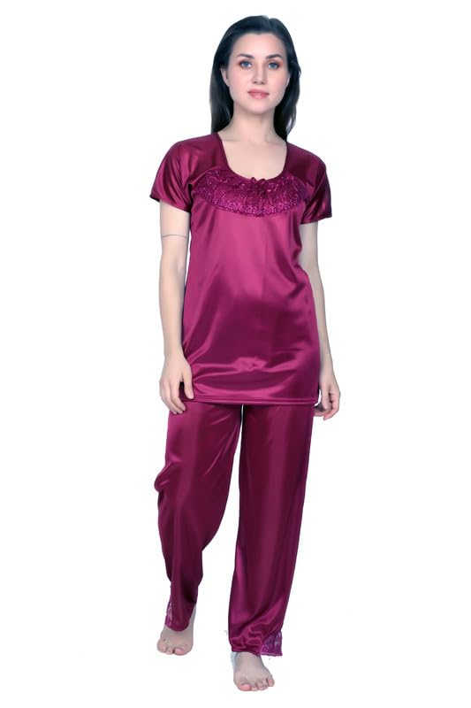 Women's Satin Plain/Solid Night Suit Pyjama Set Pack of 1-image-4