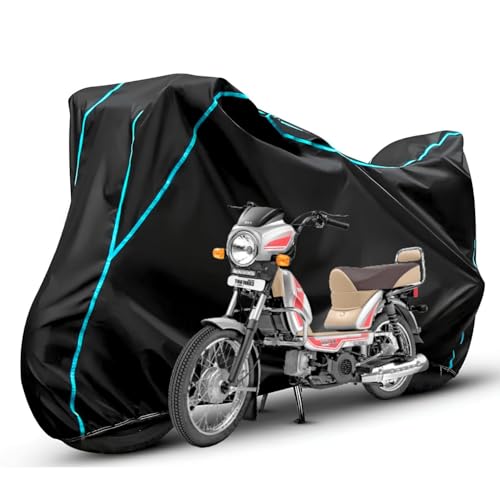 Image of Waterproof Bike Body Cover Compatible with Tvs XL100 Dustproof Scratchproof - Motorcycle Cover for Two Wheeler, Outdoor Full Cover with UV, Duty, Rain Protection (Black & Aqua) R1