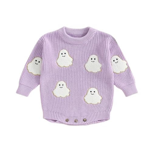 Image of Summffie Baby Girl Halloween Outfit Infant Knit Sweater Romper Ghost Patch Long Sleeve Knitwear Cute Fall Winter Clothes