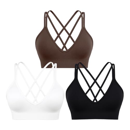 Image of Sports Bra for Women V-Neck Strappy Criss Cross Yoga Bra Padded Medium Support Workout Gym Athletic Fitness Bras 3 Pack