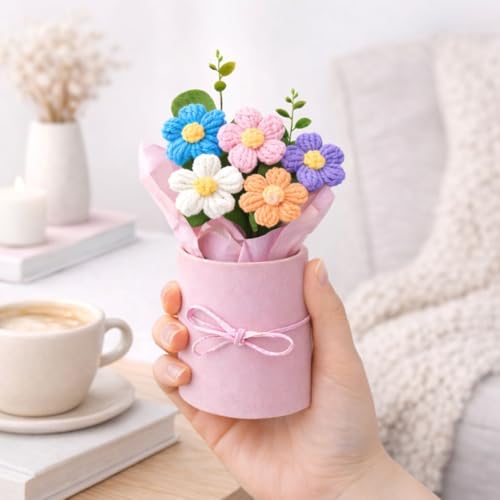 Image of VCR Handmade Mix Crochet Bouquet- Pack of 5 - Hand Woven Knitted Artificial Hand Knitted Bouquet Flower for Office Desk, Table, Car, Bedroom, Wedding & Special Occasions