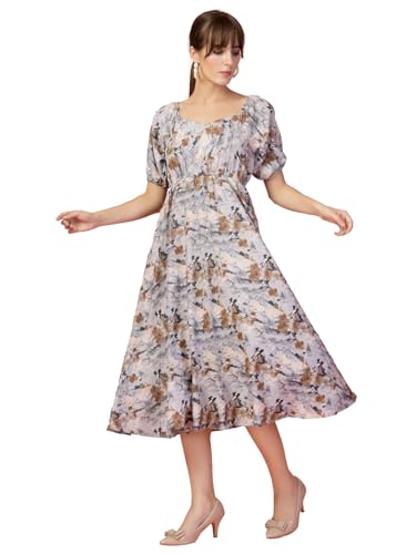 Image of OOMPH! Below Knee Shift Pink Dress in Crepe Fabric with Round Neck and Puff Sleeves - md619l