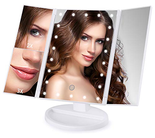 Lighted Makeup Mirror Trifold Personal Folding Makeup Vanity Mirror with Lights, LED Portable Touch Screen Cosmetic Mirror Tabletop 1X 2X 3X Magnifying Beauty Mirror for Makeup Desk, Dual Power Supply