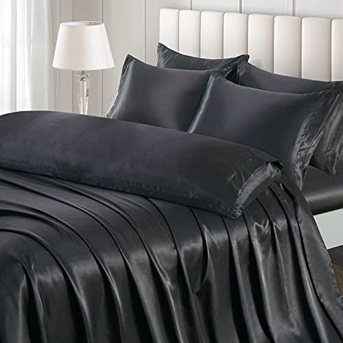 Image of Ersmak 7 Pieces Satin Sheets Set Queen Size, Luxury Silky Black Satin Bed Sheets Set with 1 Deep Pocket Fitted Sheet, 1 Soft Flat Sheet, 4 Queen Pillowcases and 1 Body Pillowcase