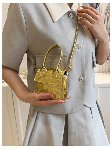GORGLITTER Women's Crocodile Embossed Mini Square Bag Metallic Top Handle Crossbody Handbag Flap Clutch Bags3
