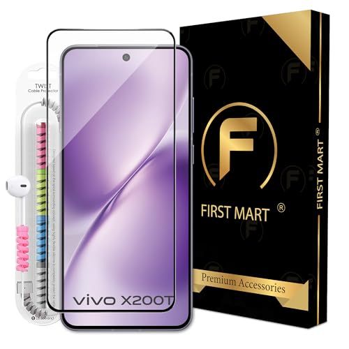Image of FIRST MART Tempered Glass for Vivo X200T With Installation Kit | Military-Grade Gorilla Screen Protector and Cable Guard | Edge to Edge Coverage | Black