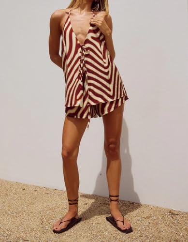 Image of ROAONOCOMO Women Tie Front Shorts Set V Neck Halter Cami Top Y2K 2 Piece Pj Set Graphic Summer Beach Lounge Outfit