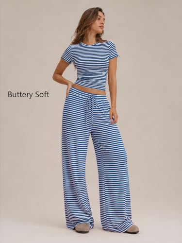 Image of Trendy Queen 2 Piece Matching Summer Lounge Set Womens Side Ruching Top Wide Leg Pants Sets with Pockets