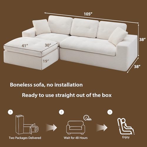 Image of L-Shaped Modular Sectional Couch for Living Room Furniture, Boneless Cloud Couch Set with Back Support, Modular Sectional Sofas for Living Room Furniture with Ottoman