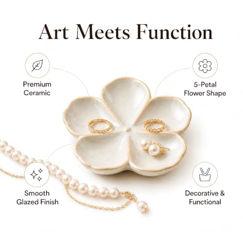 Ceramic Flower Jewelry Ring Trinket Dish Tray, Gifts for Women, White - image 2