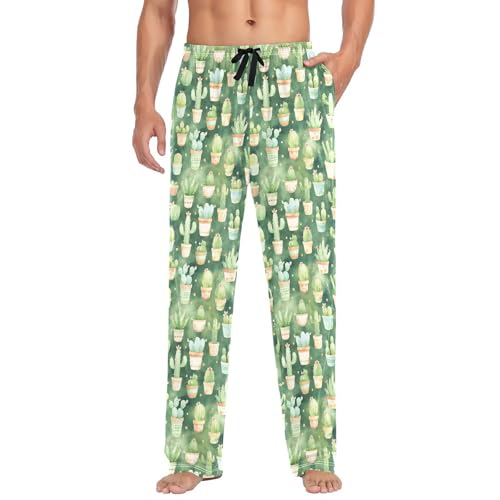 Men's Cute Cactus Pajama Pants with Pockets - Straight Fit Cotton Sleep Bottoms for Lounge & Nightwear#719