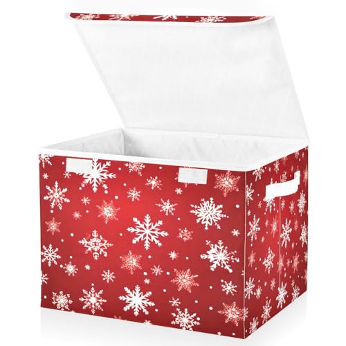 senya Large Storage Bins with Linen Collapsible Foldable Storage Cubes Closet Organizer Containers box Flip-Top Lid for Home Bedroom Office 16.7 x 12.6 x 11.8in (Linen-christmas Snowflakes) Red