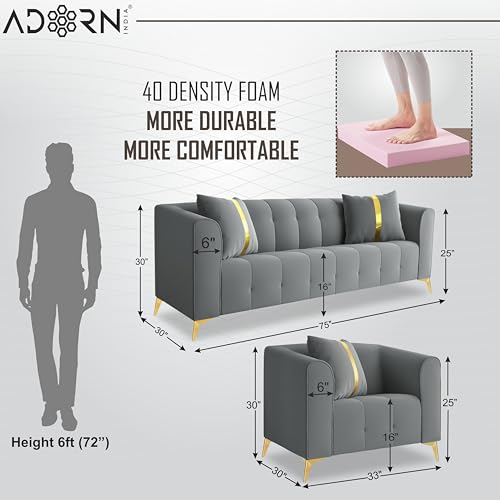Image of Adorn India Premium Mystic - 3 Years Warranty - 3+1+1 Sofa Set Velvet Suede Fabric - Grey