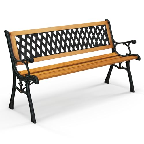 COSTWAY Banco de Jardín, Banco de Exterior Resistente a la Intemperie, Estructura en Fundición Resistente y Duradera, Asiento de Listones de Sólida Madera, Patio Pórtico Piscina, 126 x 52 x 74 cm