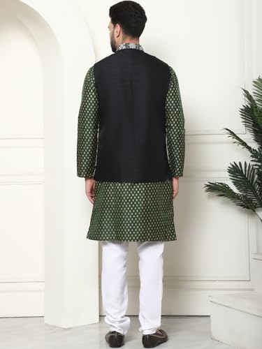 Image of SOJANYA (Since 1958 Men's Silk Blend Printed Kurta and White Pyjama with Embroidered Nehru Jacket