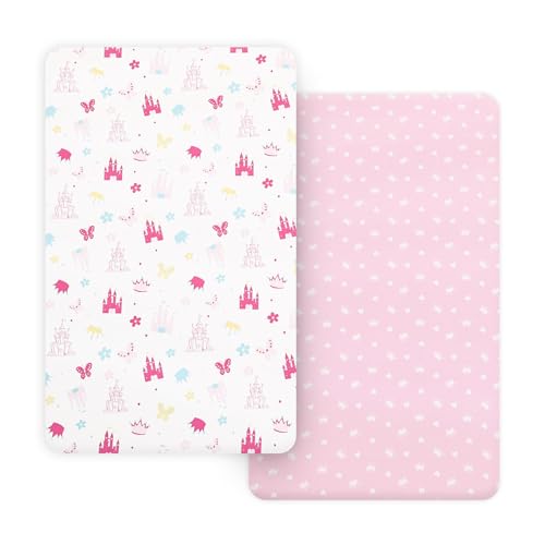 Image of PHF Soft Mini Crib Sheet Set, 2 Pack Silky Comfy Pack N Play Sheets for Boys Girls, Universal Fit for Pack N Play, Playard and Mini Crib Mattresses, Castle