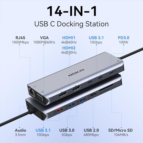 Image of USB C Laptop Docking Station Dual Monitor, 14 in 1 Docking Station 3 Monitors Multiport Adapter with 2 HDMI 4K, VGA, RJ45 Ethernet, 10Gbps USB C /A, 100W PD, SD /Micro SD, 3.5MM Audio&Mic for Dell HP