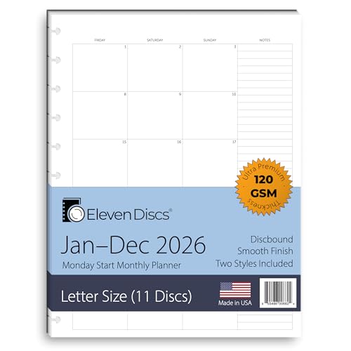 2026 Monthly Planner, Monday Start, Letter Size, 2 Styles (Separated, Booklet), Premium Discbound Notebook Paper for Circa, Arc, TUL (38 Sheets)