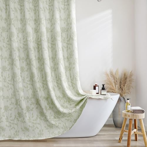 OVZME Duschvorhang mit gelb-grünen Blumen für Badezimmer, 190 cm Länge, strukturierter gekräuselter, weicher Stoff, strapazierfähig, Hotelqualität, Badezimmer-Duschvorhang, maschinenwaschbar, 183 x