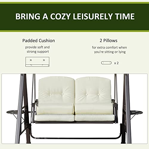 Image of Outsunny 2-Person Patio Swing Bench with Adjustable Shade Canopy, Soft Cushions, Throw Pillows and Tray, Beige.