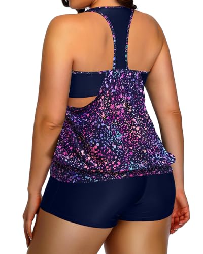 Image of Womens Plus Size Tankini Swimsuit Two Piece Tummy Control Bathing Suit | Blouson Racerback Tankini Top with Shorts, Double Up Design, Removable Pad