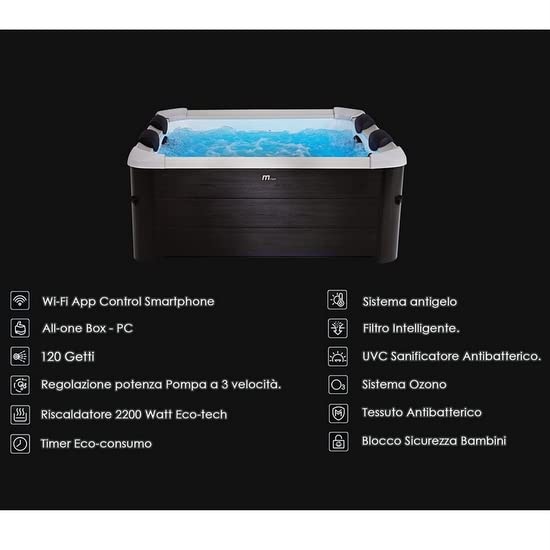 Bagno Italia Minipiscina quadrata per 5-6 persone 160x160 cm 120 getti idromassaggio cromoterapia ozonoterapia