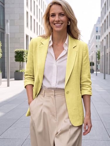 Image of Mina Self 2026 Summer Women's Linen Blazer Jacket - Lightweight Breathable 3 /4 Stretchy Ruched Sleeve Casual Work with Pocket