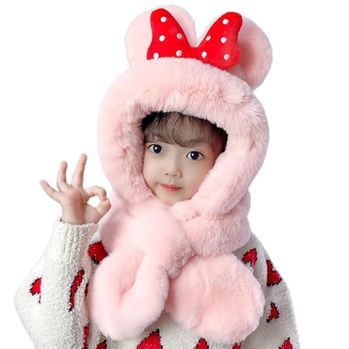 JZ 2 in 1 Kids Faux Fur Hooded Scarf Set Girls,Winter Bow Hat for Girl,Warm Plush Thermal Trapper Hat Earflaps