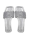 GORGLITTER Women's Sparkly Jeweled Flat Sandals Dressy Open Toe Glitter Shiny Slippers Slip-on Shoes Silver 8