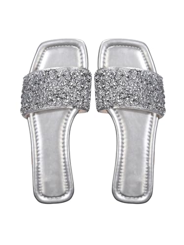 Image of GORGLITTER Women's Sparkly Jeweled Flat Sandals Dressy Open Toe Glitter Shiny Slippers Slip-on Shoes