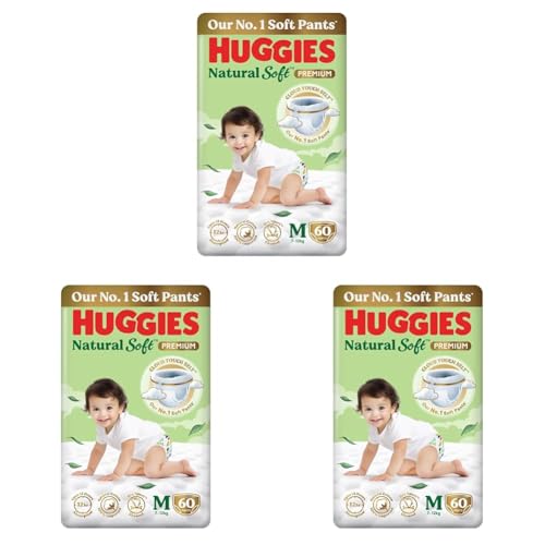 Image of Huggies Natural Soft Premium Baby Diaper Pants, Our No.1 Soft Pants, Medium (M) Size (7-12 Kgs), Pack of 180 diapers | Cloud Softness All over with India's 1st Cloud Touch Belt