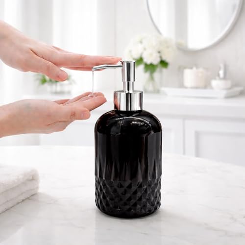 Image of Luxe Home International Diamond Cut Pattern Glass Soap Dispenser for Bathroom and Kitchen Sink Leak Proof Liquid Hand Wash Round Bottle Lightweight Smooth Finish (19.5x8 cm Black) Pack of 1