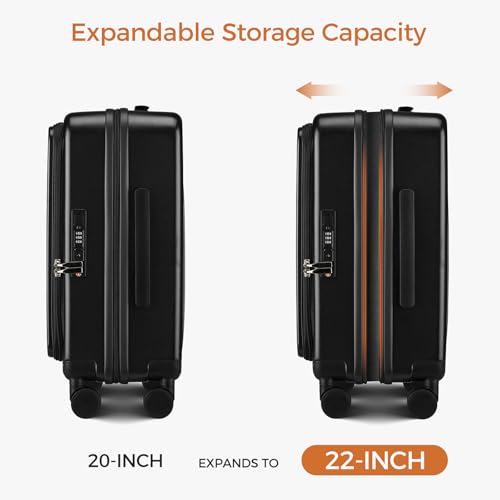 Image of Carry On Luggage Top Opening with Cup Holder & Phone Holder, Expandable PC Hard Shell Suitcase with USB Charging Port, Side Hook, 360 Spinner Wheels, TSA Lock & YKK Zippers