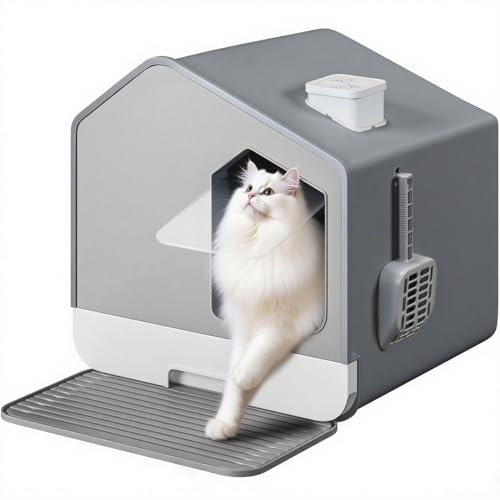 YITAHOME XXL katzenklo mit Deckel und Katzenstreu Matte, 44x40x45cm, Häuschen-Design katzentoilette mit Streumatte & Schaufel, Einfache...
