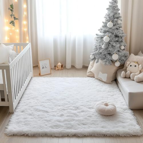 Rugs for Living Room Fluffy Area Rug Shaggy for Bedroom Soft Modern Luxury Fur Carpet for Kids Room Nursery Indoor Plush Furry Rug Comfy Home Decor Floor Mat (White, 160 * 200cm)