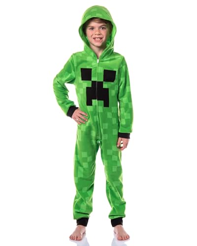 Minecraft Kids Fleece Creeper Hooded Union Suit Zip-Front Footless Sleeper Pajama (5/6 X-Small) Green