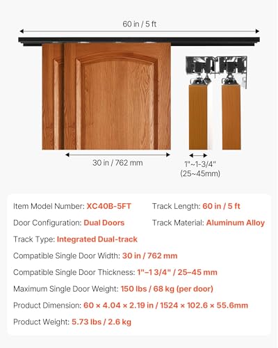 Image of VEVOR Bypass Sliding Door Hardware Kit, 5 ft Aluminum Alloy Dual-Track Bypass Door Hardware, Smooth and Quiet Sliding, Easy to Install, for 1 inch to 1 3 /4 inch Thickness 30 inch Width 2 Door System, for Closet